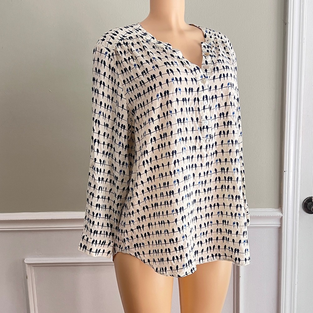 Ivory Tunic Top Bird Pullover Women 1X Roll Tab Rayon Whimsical Cottage Fun